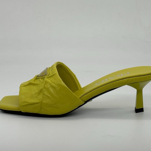 PRADA Signature Logo Antique Crinkled Leather Mules Sandals Heels Shoes - Picture 2 of 14